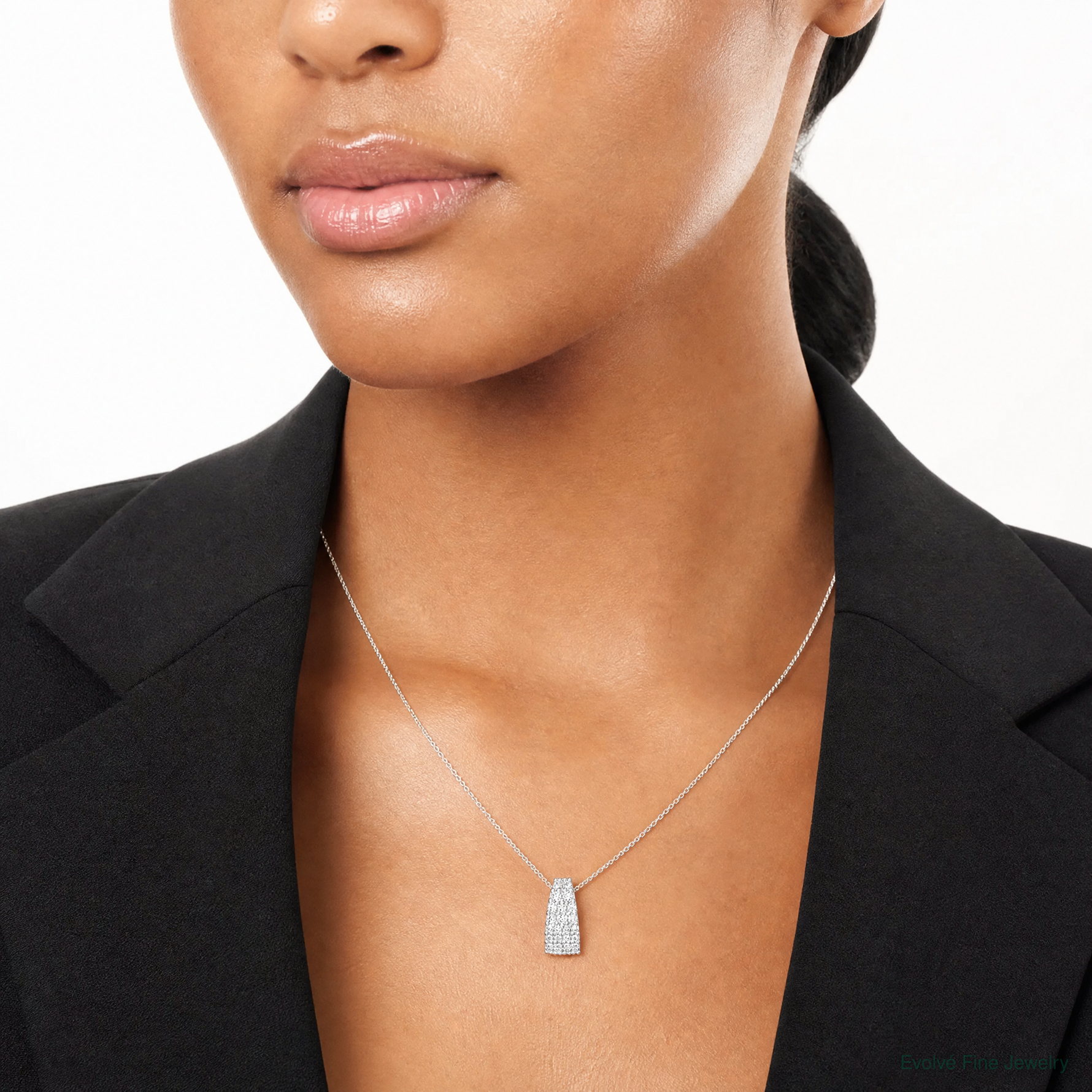 Sterling Silver RH-plt Polished CZ Curved / Tapered Chain Slide Pendant - Model Shot