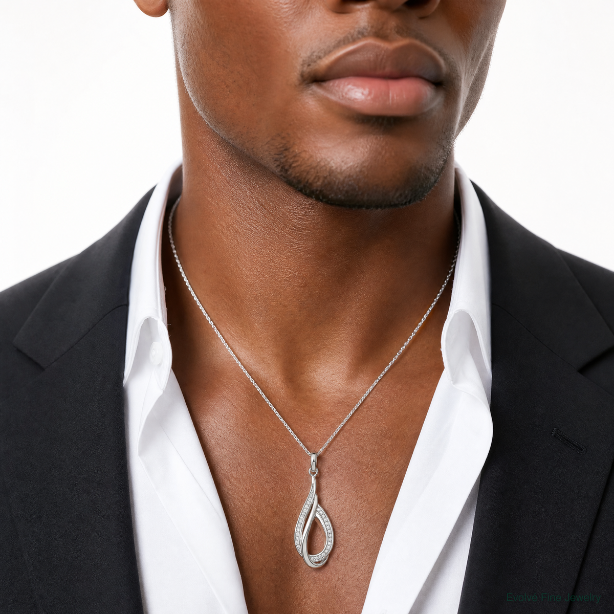 Sterling Silver Rhodium-plated CZ Polished Tear Drop Pendant - Model Shot