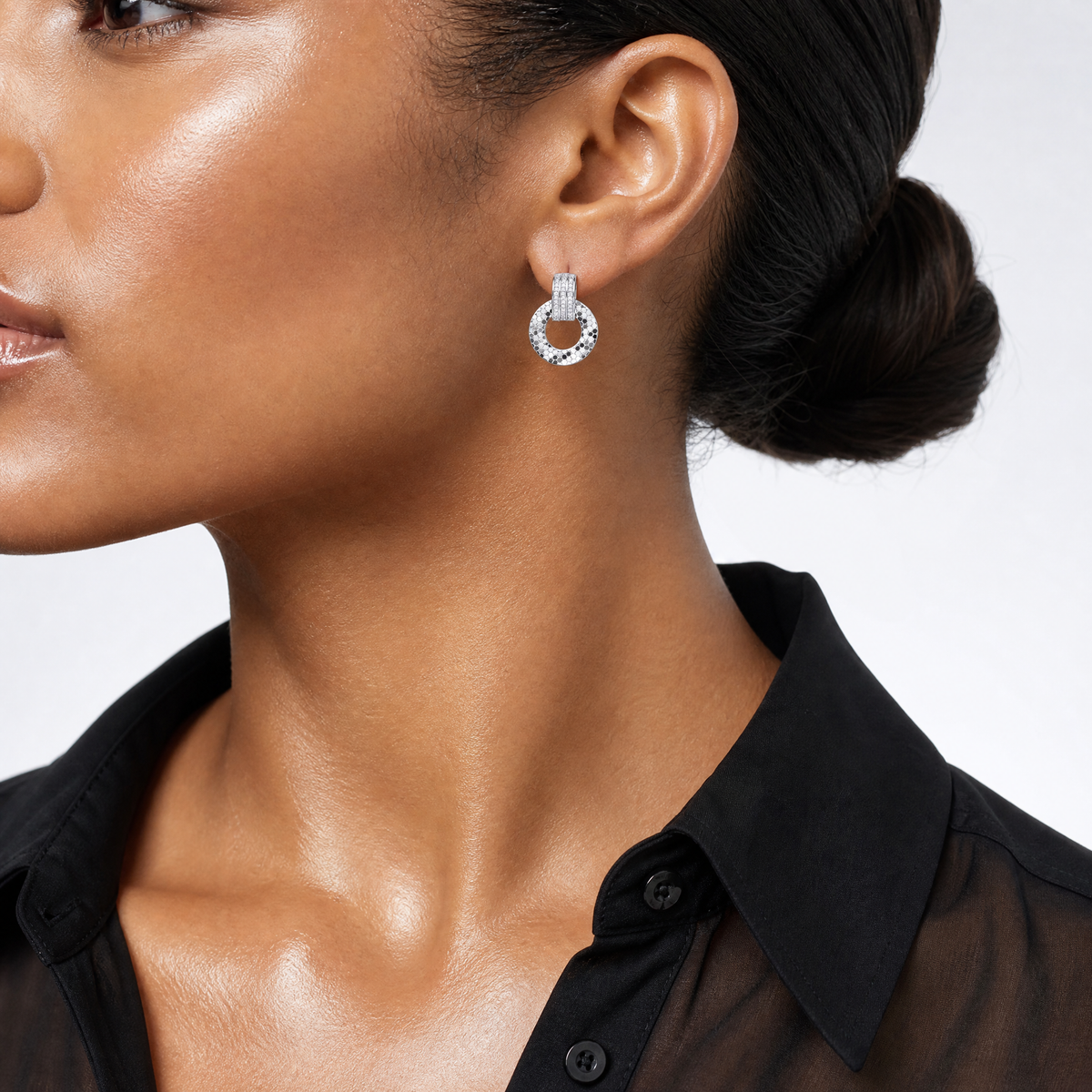Sterling Silver RH Plated CZ Textured Moveable Circle Dangle Post Earrings - Model Shot