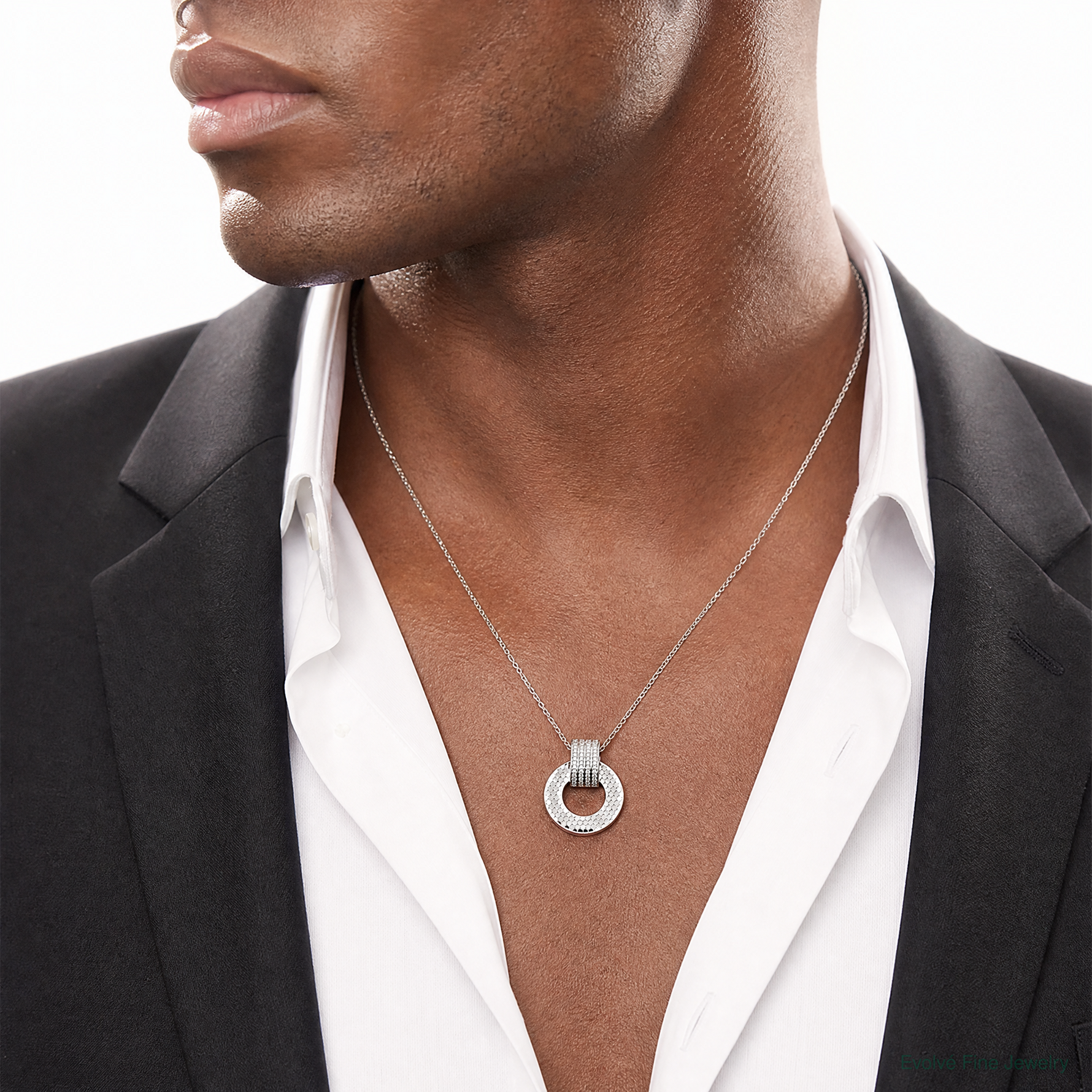 Sterling Silver RH Plated CZ Textured Moveable/Reversible Circle Pendant - Model Shot