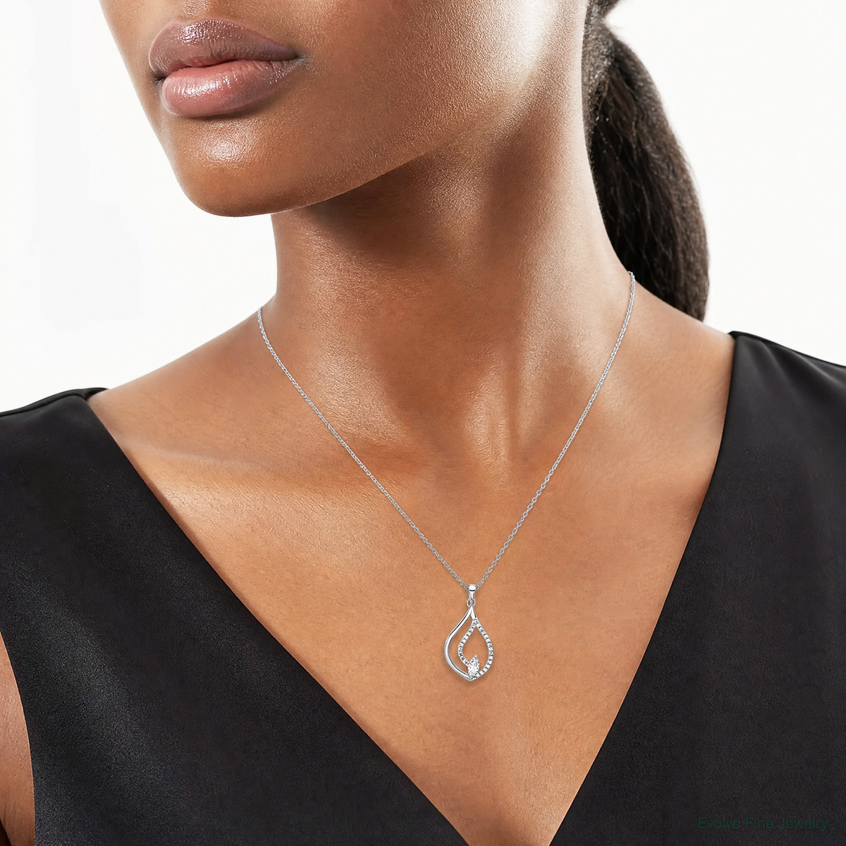 Sterling Silver Rhodium-plated CZ Polished Tear Drop Pendant - Model Shot