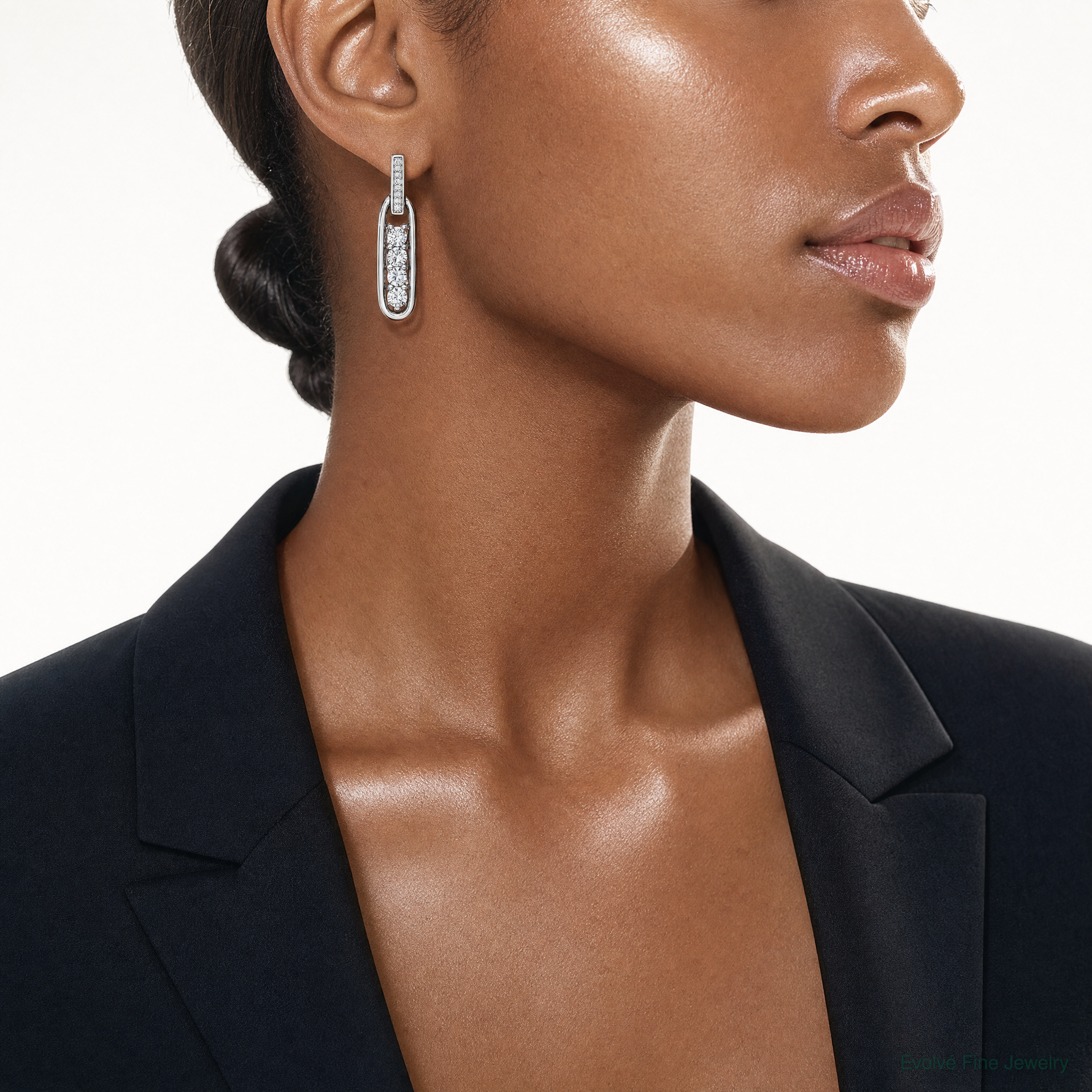 Sterling Silver RH-plated CZ Elongated Oval Post Dangle Earrings - Model Shot