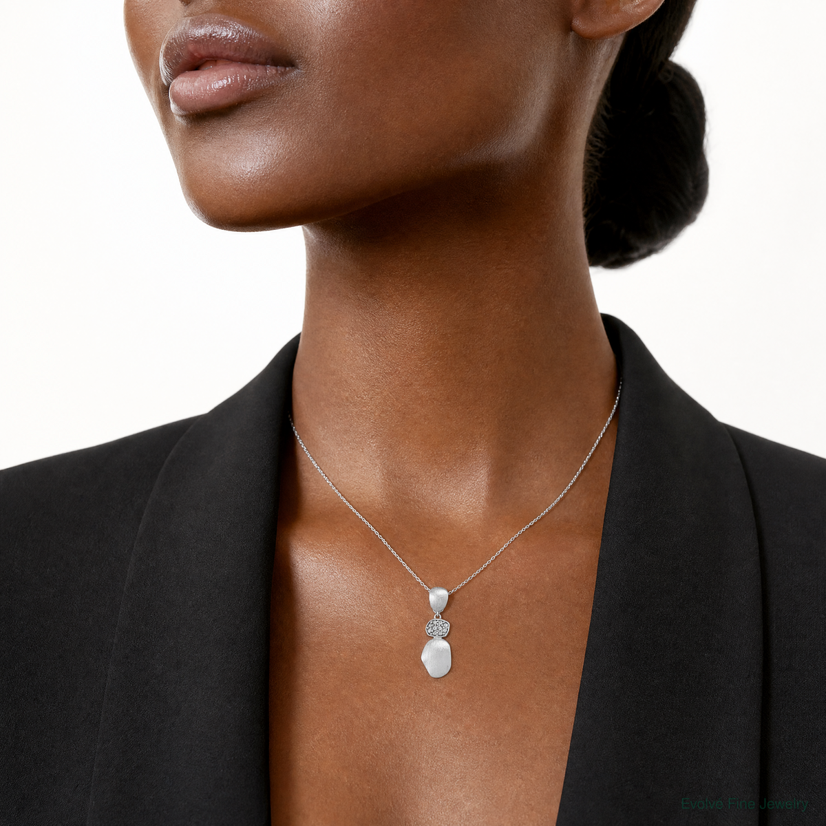Sterling Silver RH-plated Brush / Polished Crystal Chain Slide Pendant - Model Shot