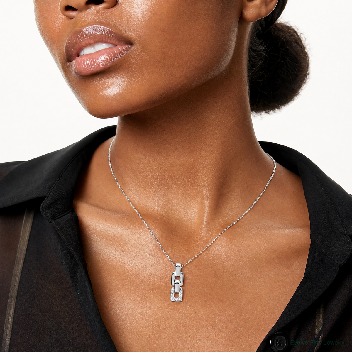 Sterling Silver Rhodium-plated CZ Double Square Pendant - Model Shot