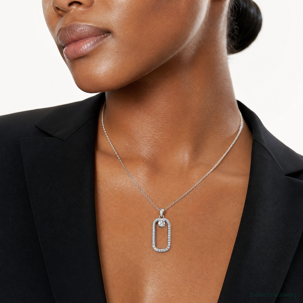 Sterling Silver Rhodium-plated CZ Textured Rectangle Pendant - Model Shot