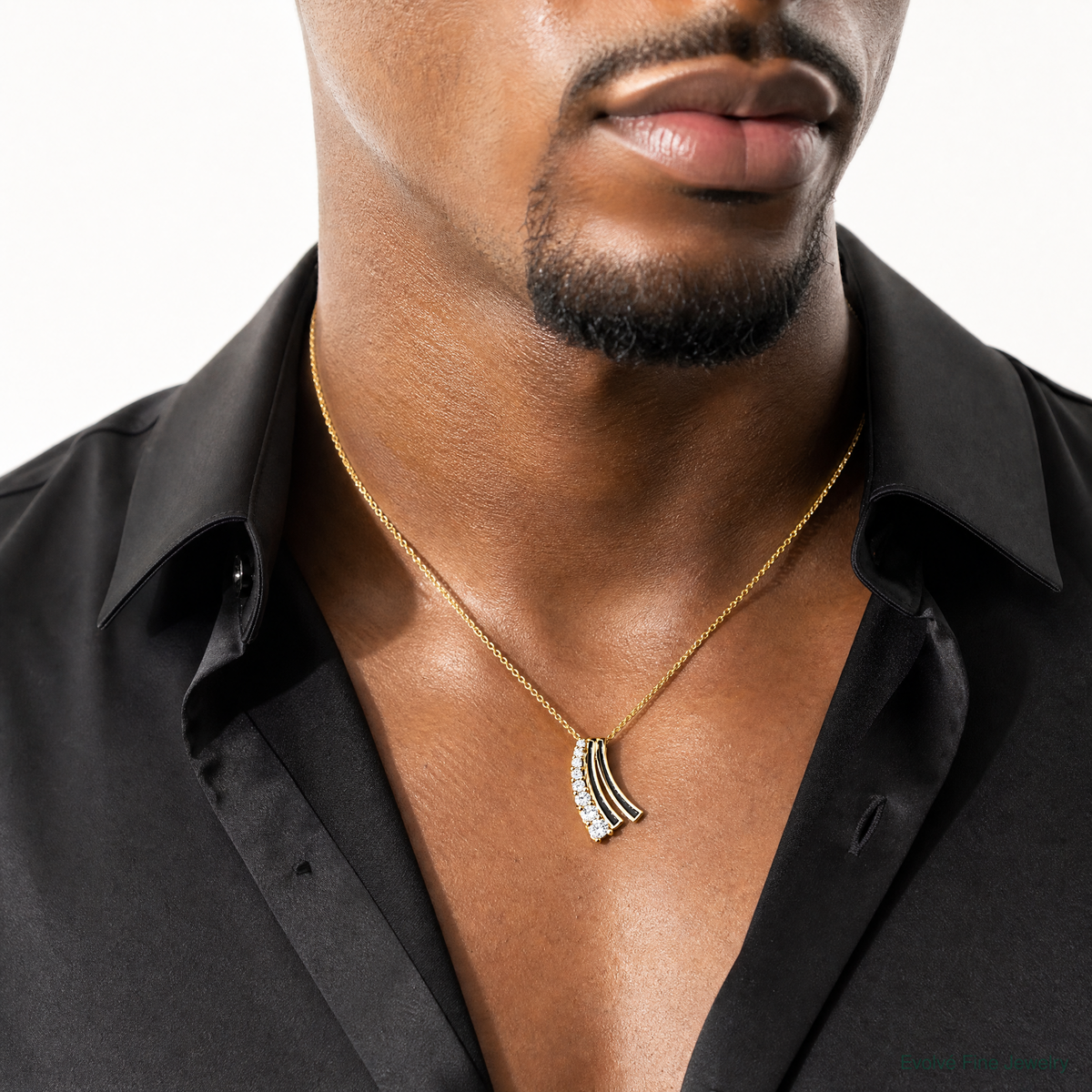 Sterling Silver Gold-tone Black Enamel CZ Chain Slide Pendant - Model Shot