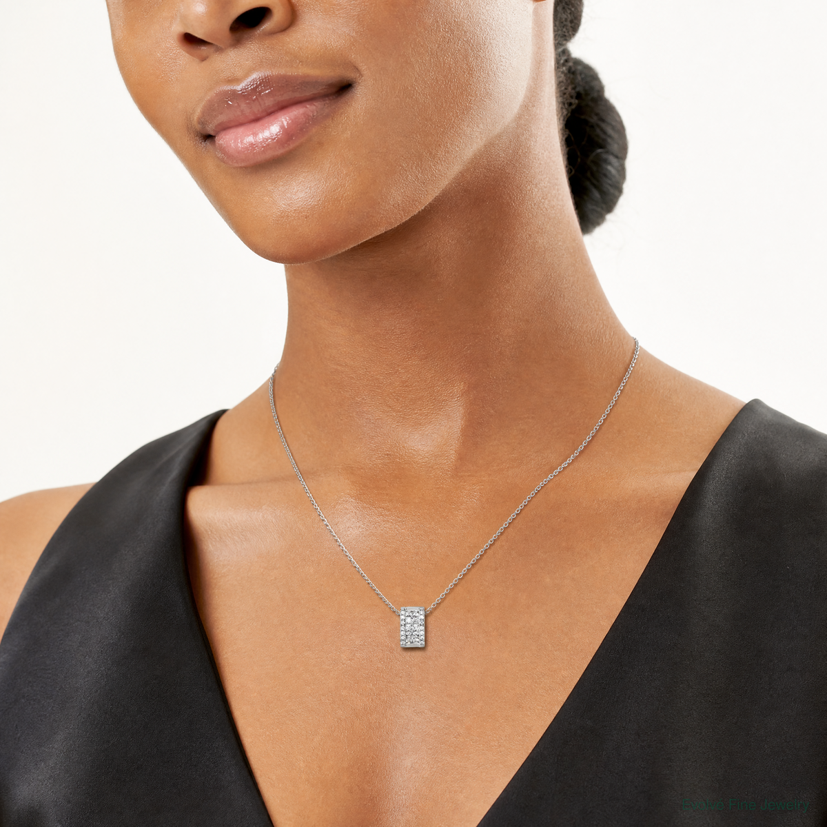 Sterling Silver Rhodium-plated CZ Rectangle Chain Slide Pendant - Model Shot