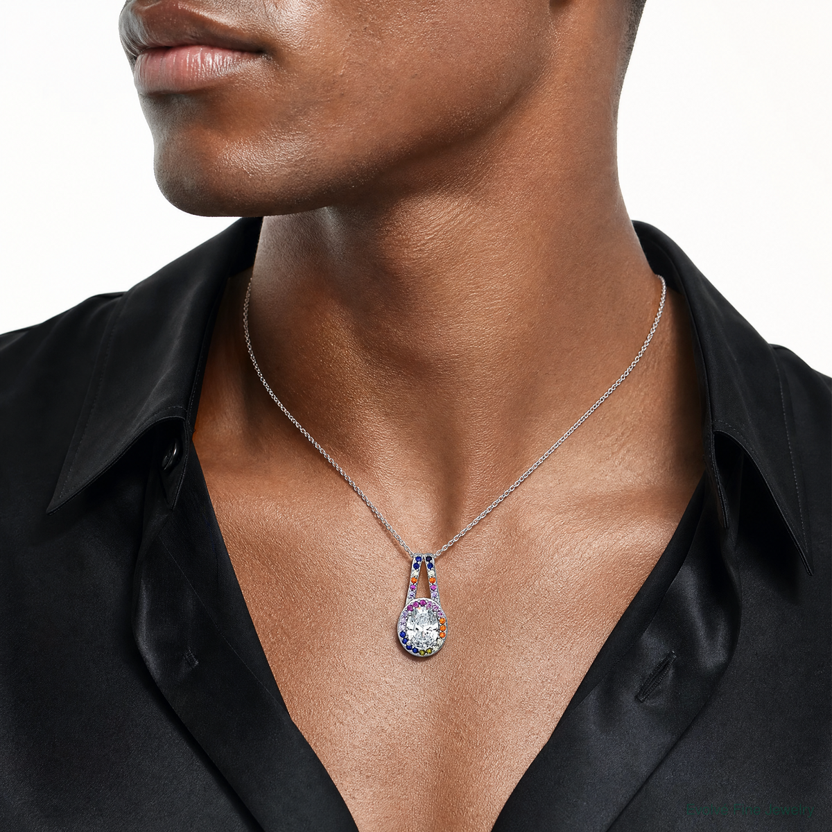 SS RH-plated Polished Multicolor CZ Oval Halo Chain Slide Pendant - Model Shot