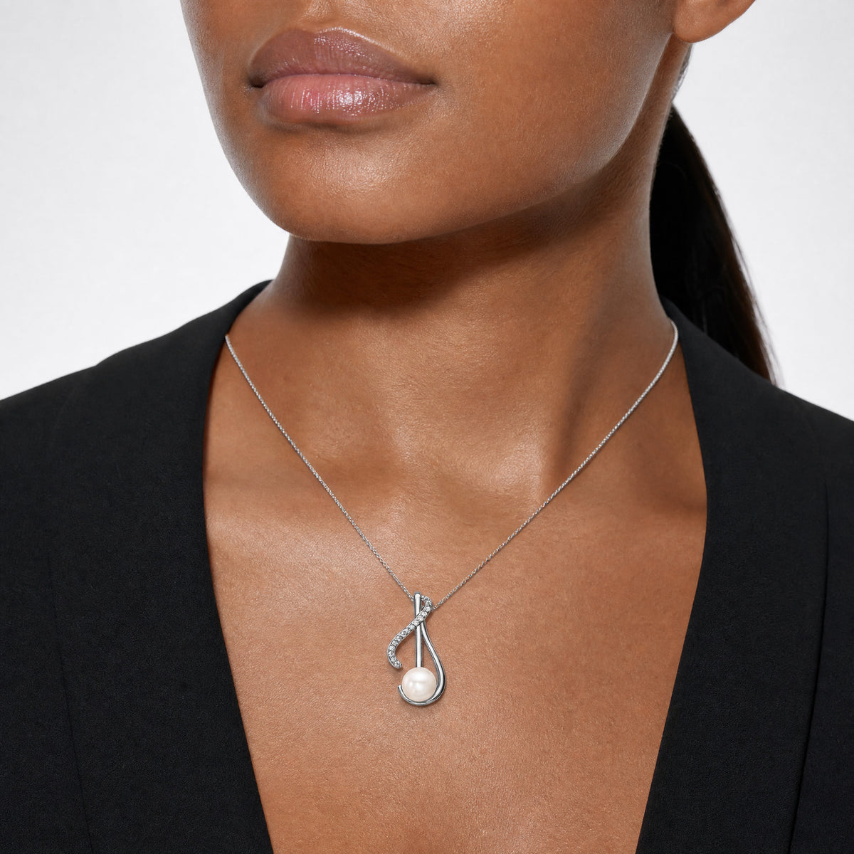 Sterling Silver Rhodium-plated CZ FWC Pearl Swirl Chain Slide Pendant - Model Shot