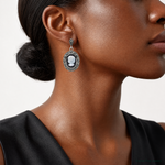 Sterling Silver Antiqued Marcasite Black Agate and MOP Cameo Earrings - Model Shot