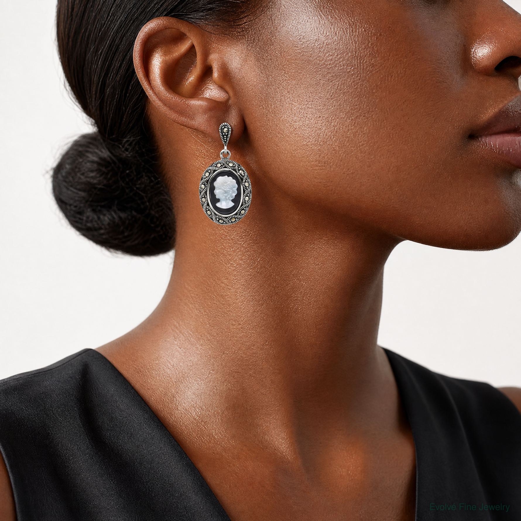 Sterling Silver Antiqued Marcasite Black Agate and MOP Cameo Earrings - Model Shot