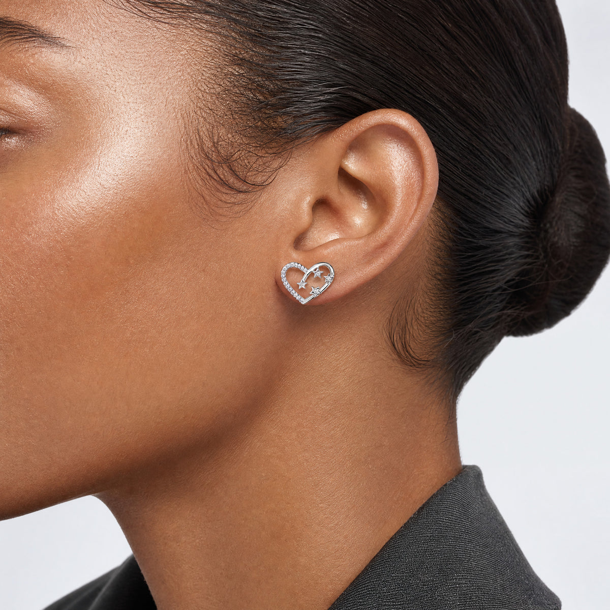 Sterling Silver Rhodium-plated CZ Heart with Stars Post Earrings - Model Shot
