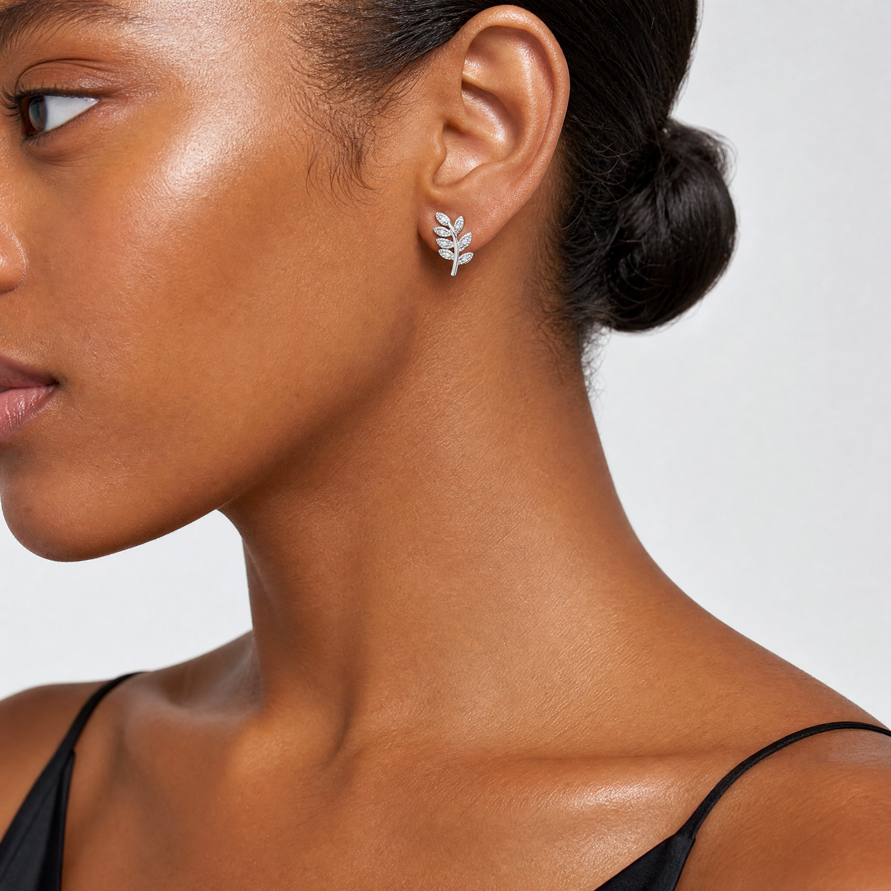 Sterling Silver Rhodium-plated Polished CZ Leaf Post Earrings - Model Shot