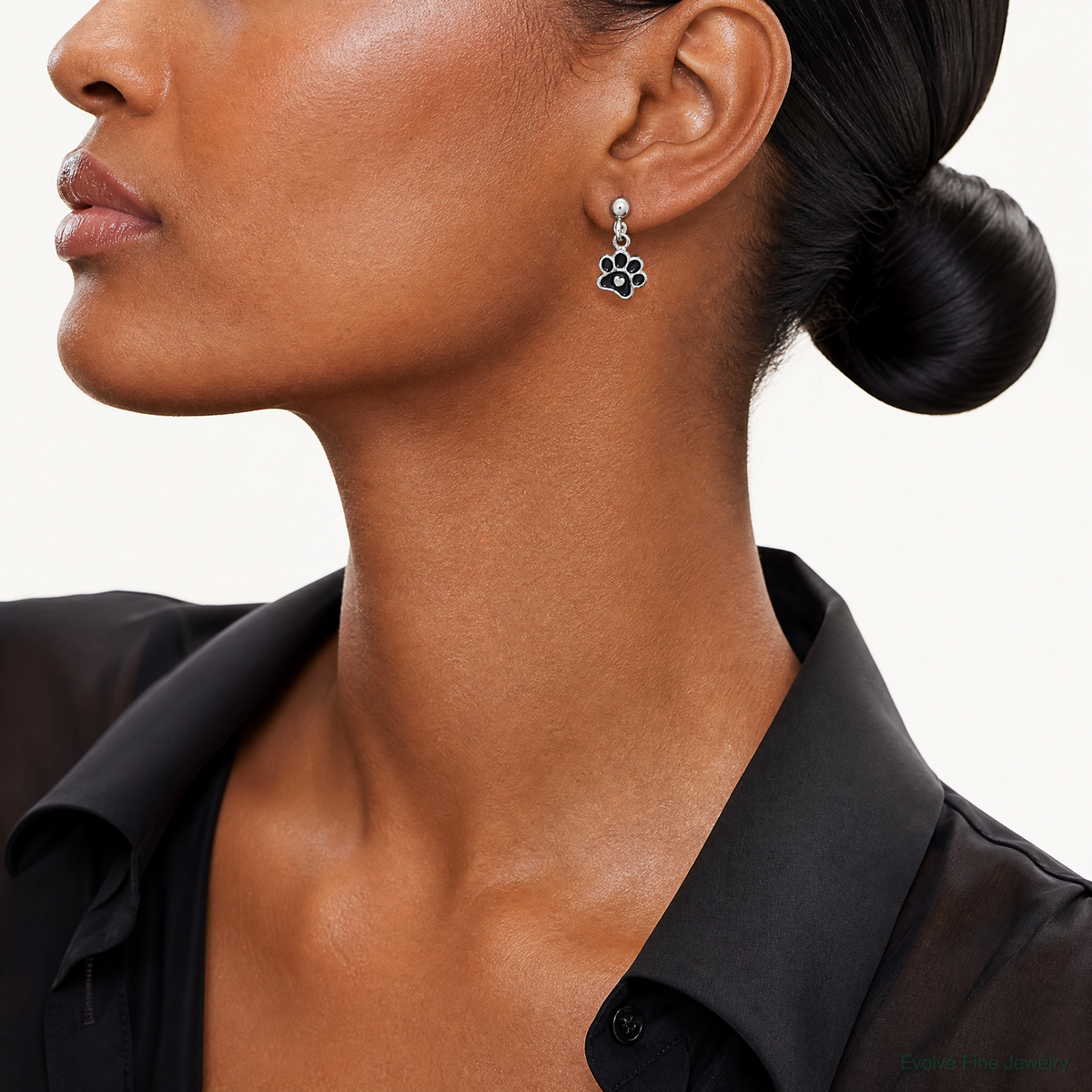 Sterling Silver RH-plt Enamel Black Paw Print w/ Heart Dangle Post Earrings - Model Shot