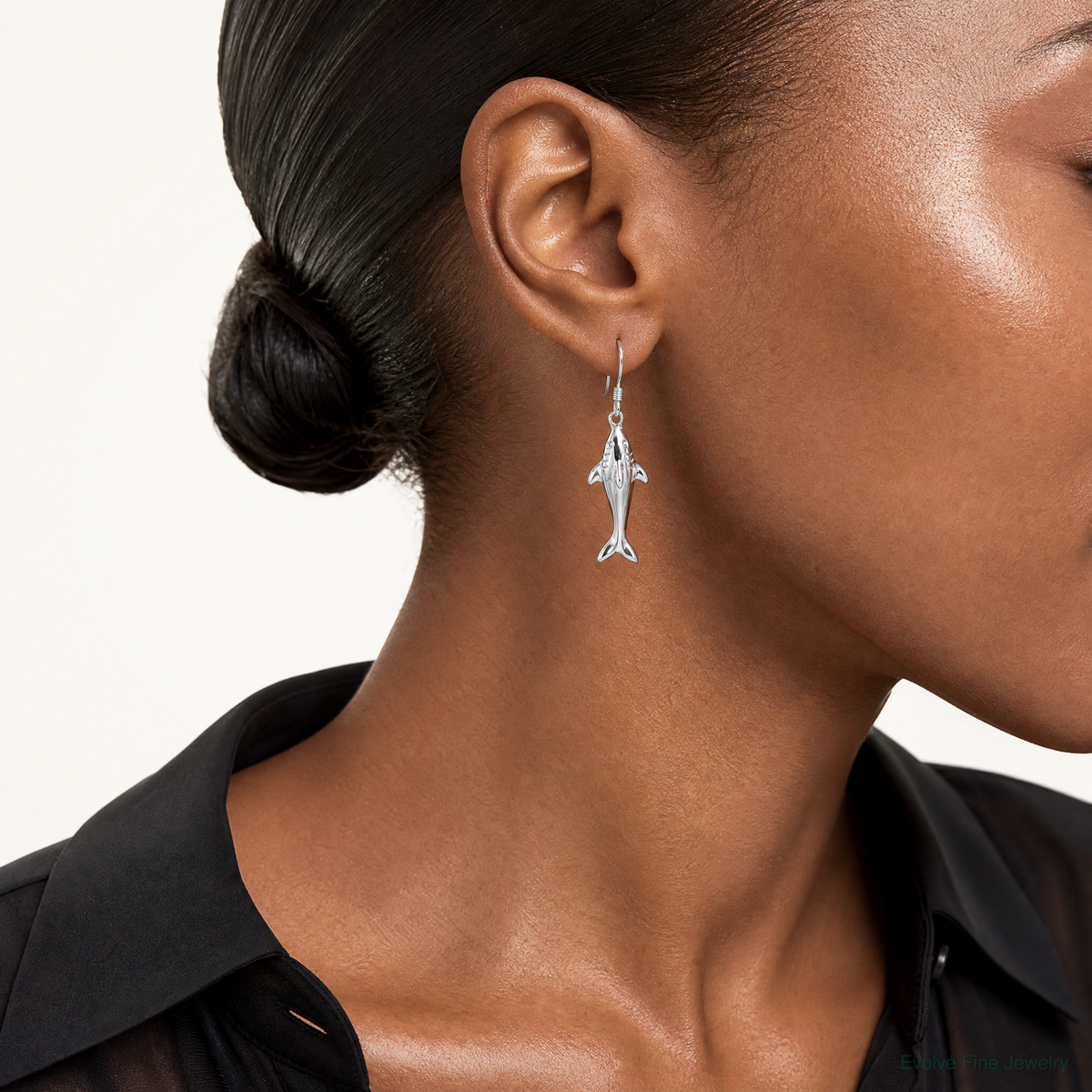 Sterling Silver Rhodium-plated Polished Shark Dangle Earrings - Model Shot