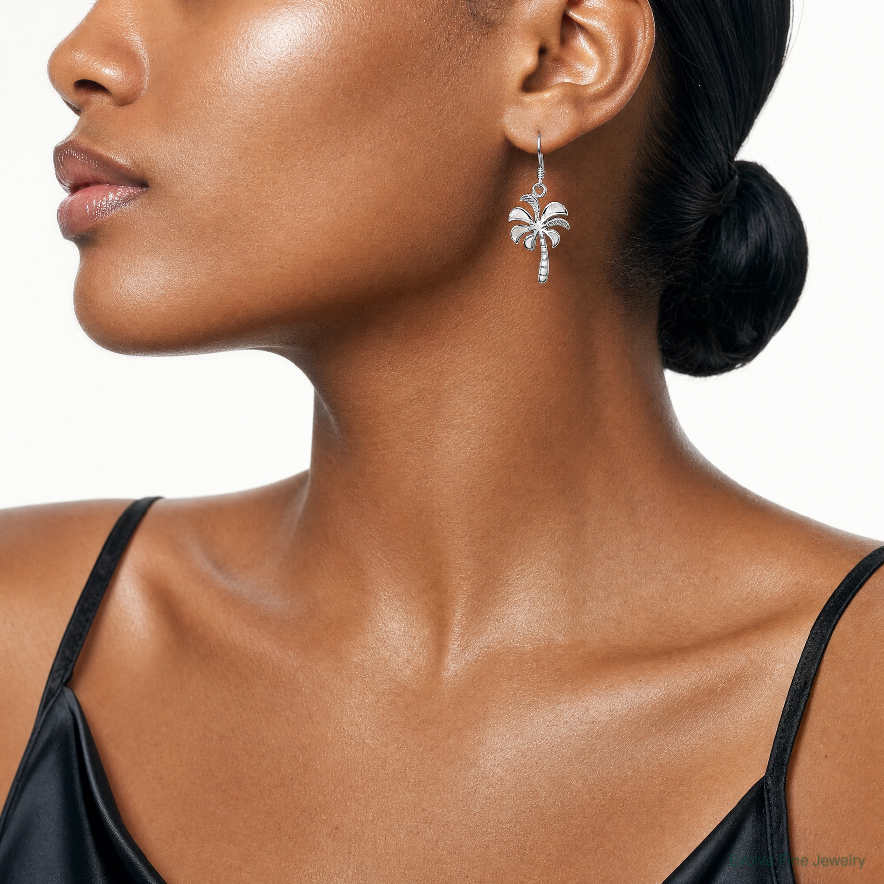 Sterling Silver Rhodium-plated Polished MOP Palm Tree Dangle Earrings - Model Shot