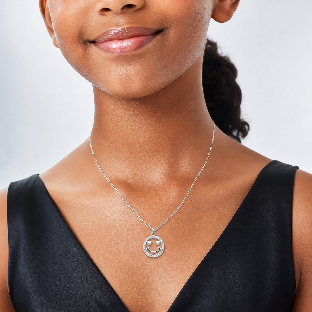 Sterling Silver Polished CZ Heart Eyes Smiley Face Necklace - Model Shot
