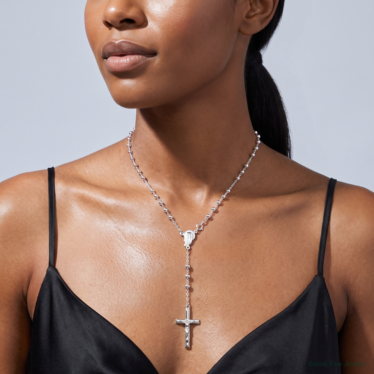 Sterling Silver Polished Beaded Rosary 30 inch Necklace - Model Shot
