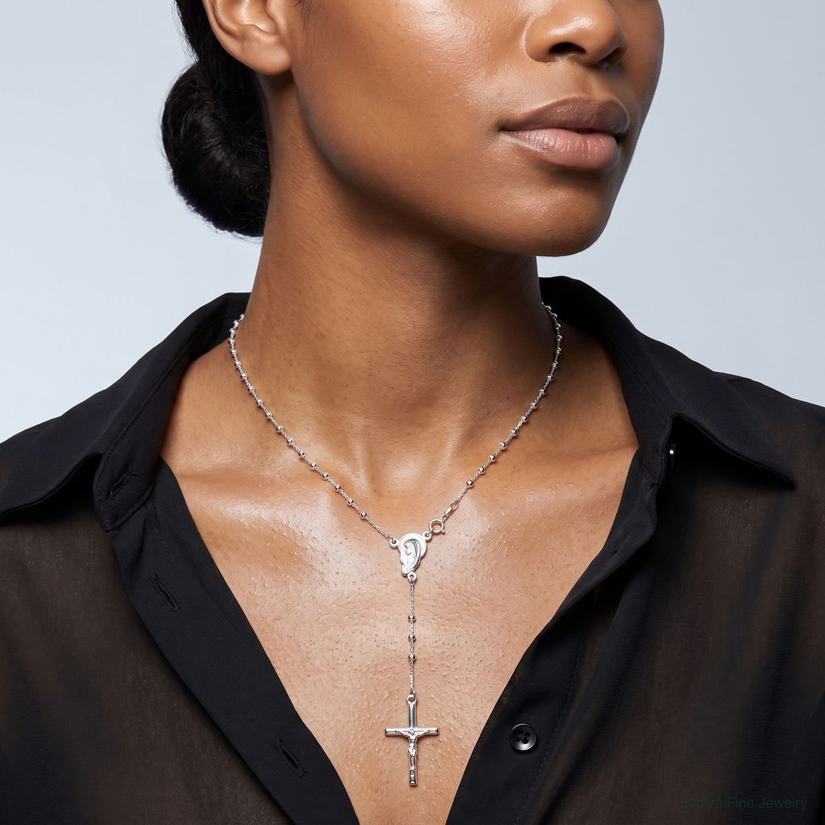 Sterling Silver Polished Bead Rosary 18 inch Necklace - Model Shot