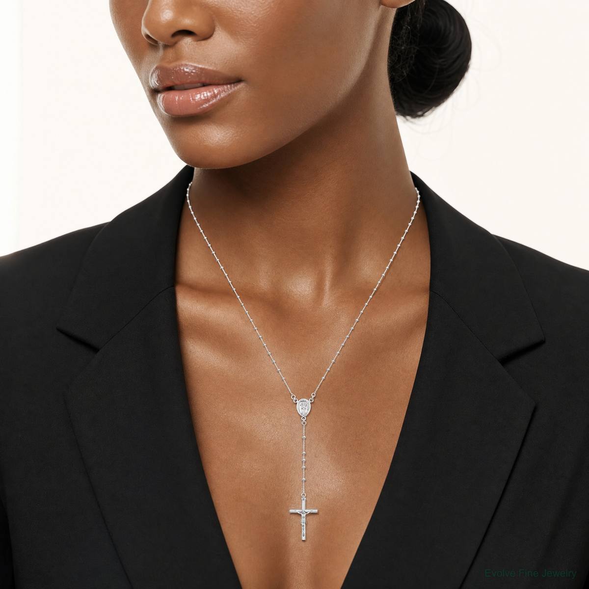 Sterling Silver Polished Rosary Necklace - Model Shot