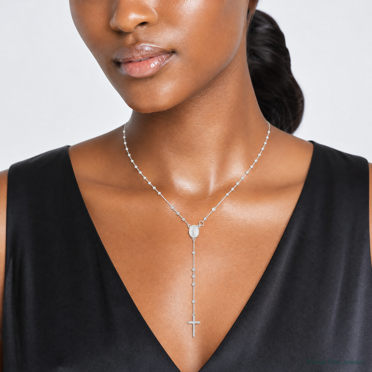Sterling Silver Polished Bead Rosary 21 inch Necklace - Model Shot