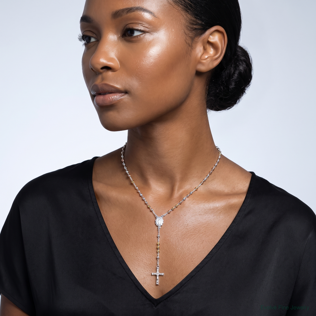 Sterling Silver Yellow & Rose Flash Gold-plated Rosary Necklace - Model Shot