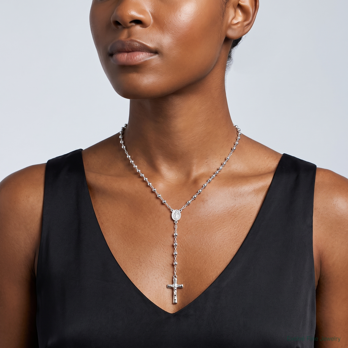 Sterling Silver Polished Rosary 26 inch Necklace - Model Shot