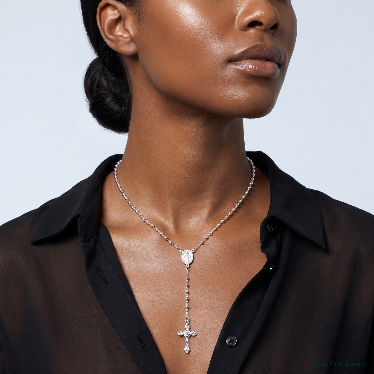 Sterling Silver Polished Rosary 18 inch Necklace - Model Shot