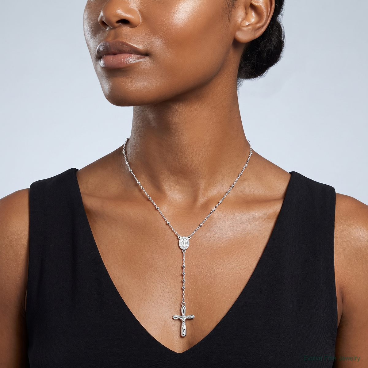 Sterling Silver Polished Crucifix Rosary 18 inch Necklace - Model Shot