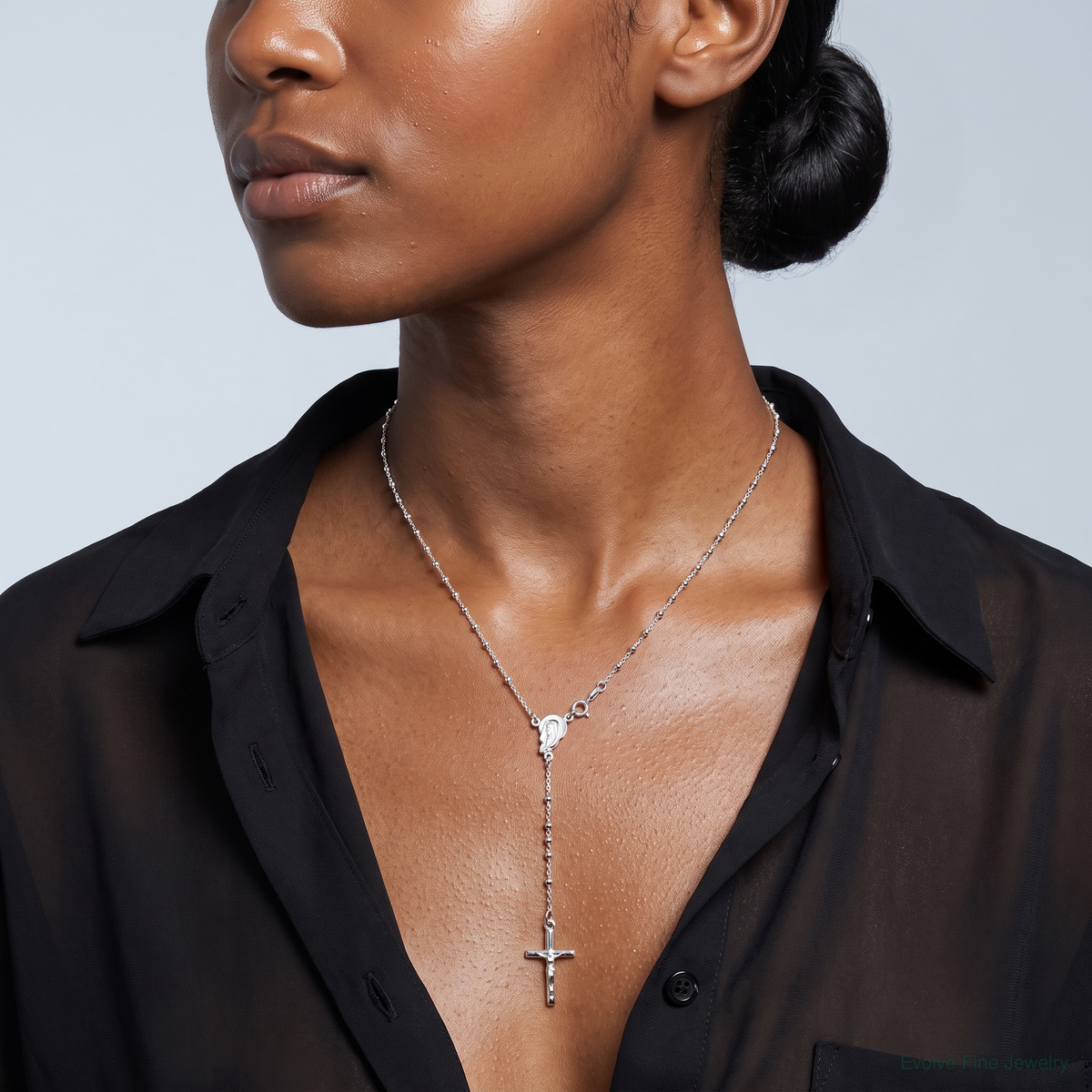 Sterling Silver Crucifix Necklace - Model Shot