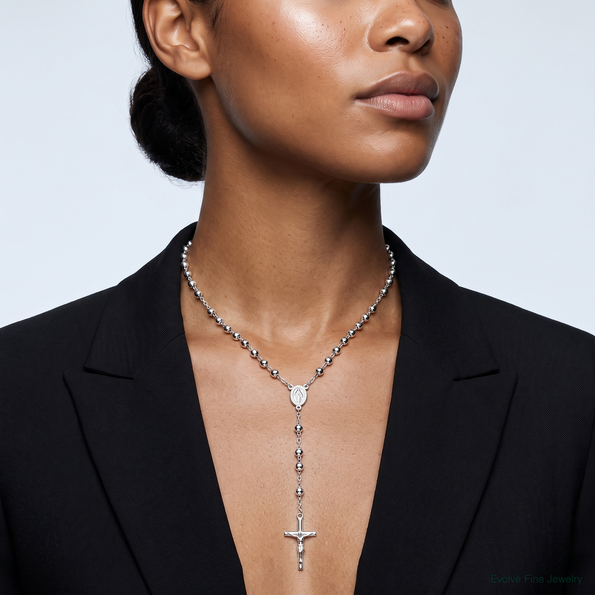 Sterling Silver Polished Rosary Necklace - Model Shot