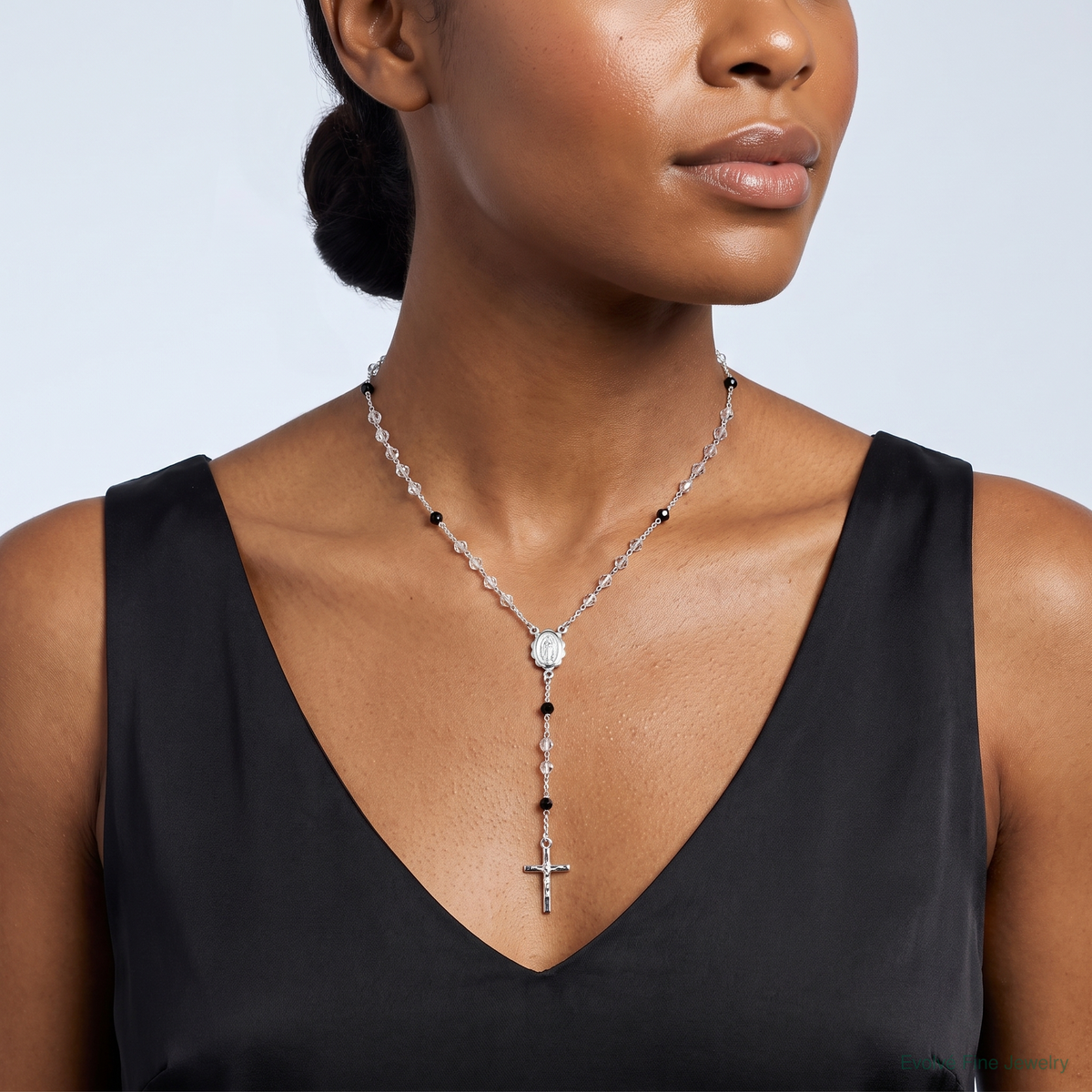 Sterling Silver Polished and Black Crystal Bead Rosary 23.5 inch Necklace - Model Shot
