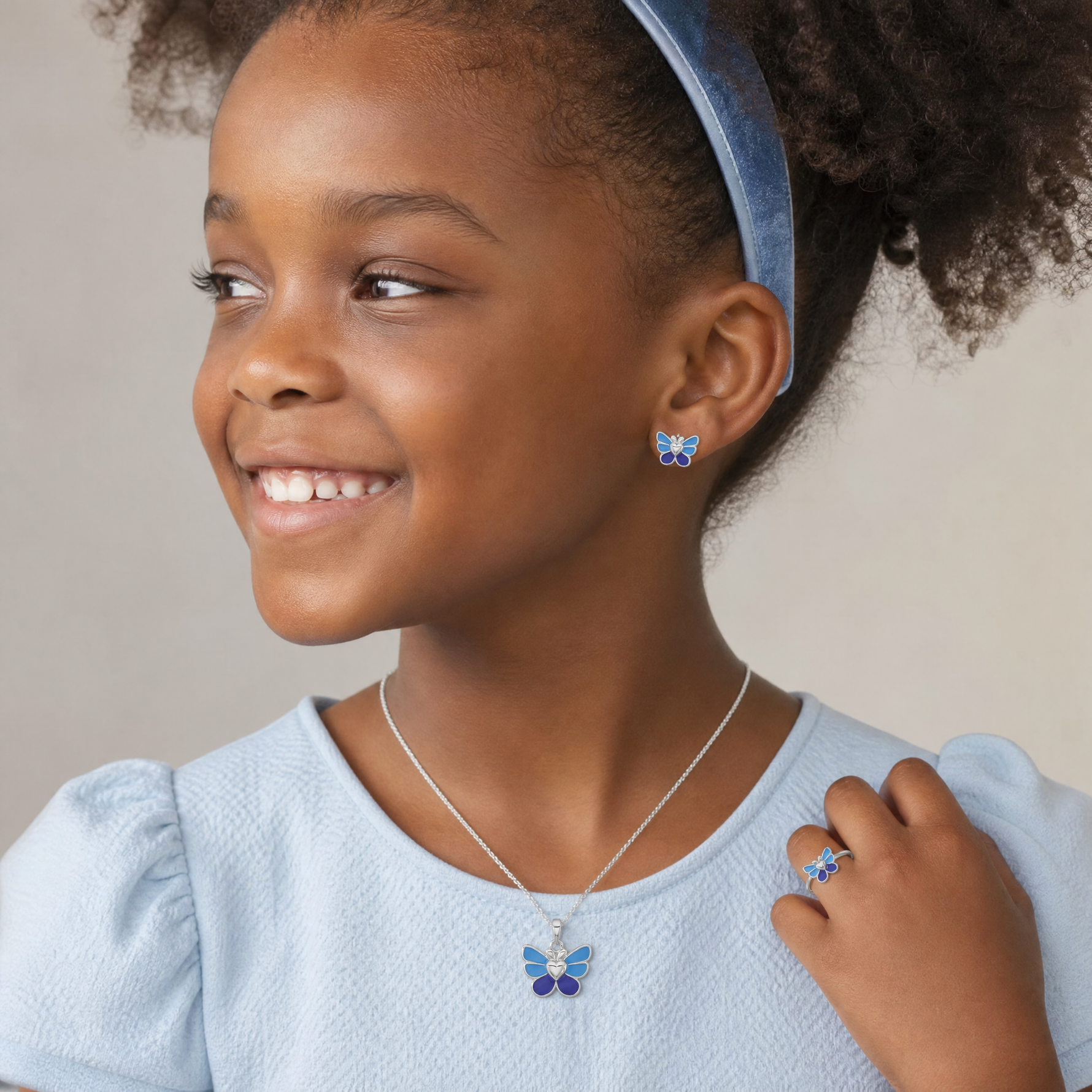 Sterling Silver RH-plated Butterfly Children's Earring, Ring & Pendant Set - Model Shot