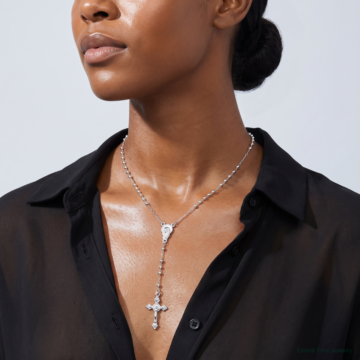 Sterling Silver Rhodium Plated Polished Beaded Rosary - Model Shot