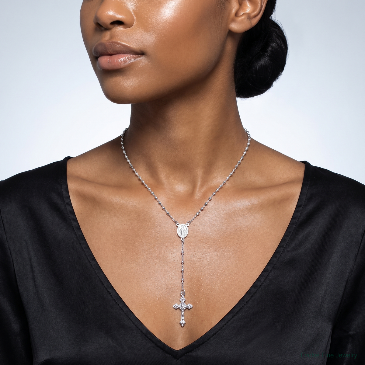 Sterling Silver Rhodium-plated Polished Beaded Rosary 24 inch Necklace - Model Shot