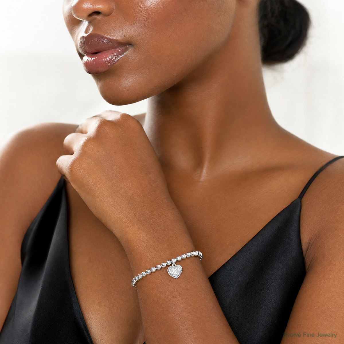 Sterling Silver CZ Heart Stretch Bracelet - Model Shot