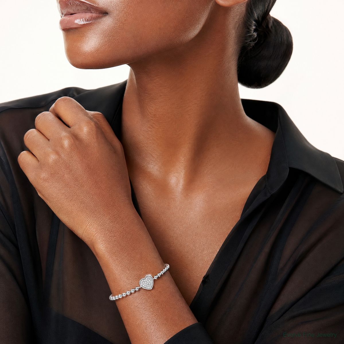 Sterling Silver Rhodium-plated Polished Beaded CZ Heart Stretch Bracelet - Model Shot
