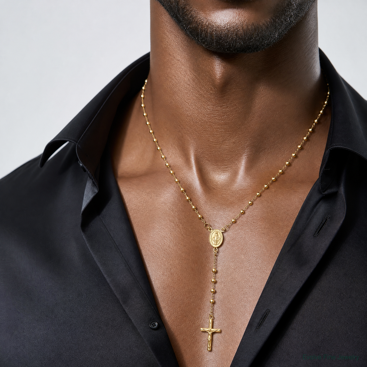 Sterling Silver Gold-tone Polished and Beaded Rosary Necklace - Model Shot