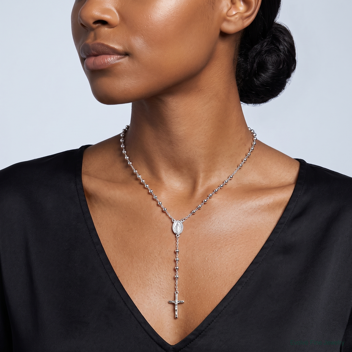 Sterling Silver Polished and Beaded Rosary Necklace - Model Shot