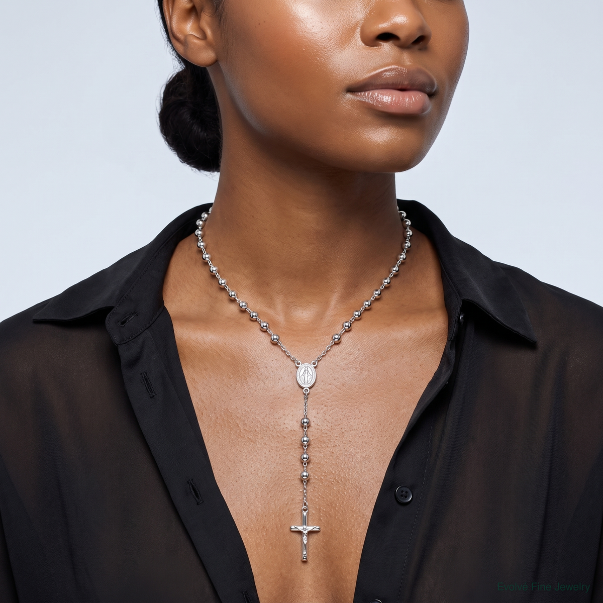 Sterling Silver Polished and Beaded Rosary Necklace - Model Shot