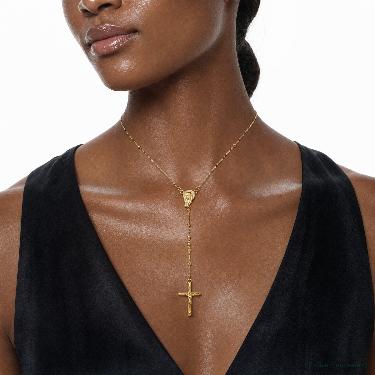 Sterling Silver Gold-plated Polished Bead Rosary 18 inch Necklace - Model Shot