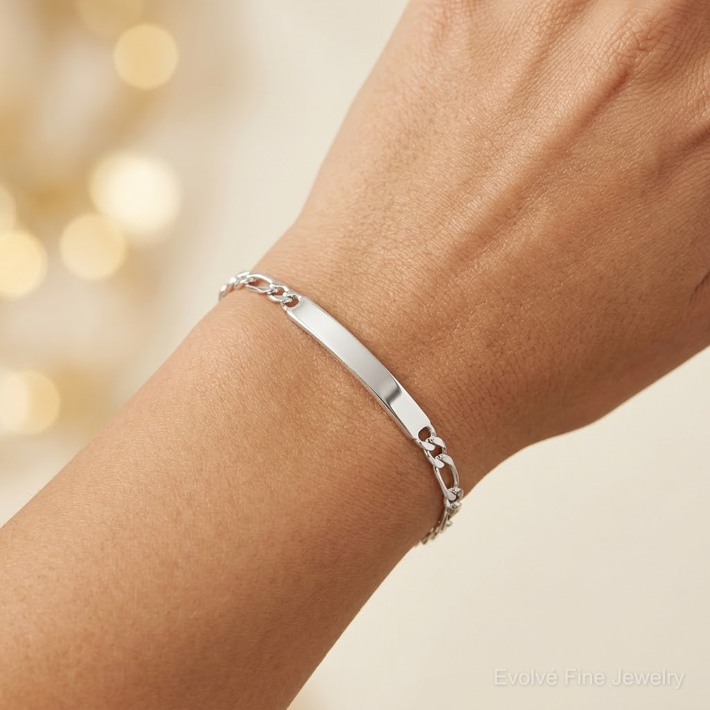 Sterling Silver 7inch Engraveable Figaro Link ID Bracelet - Model Shot