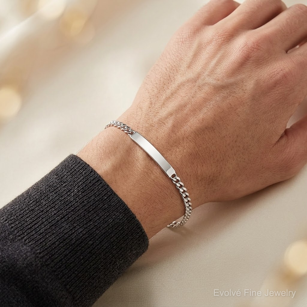 Sterling Silver Polished Engraveable Curb Link ID Bracelet - Model Shot