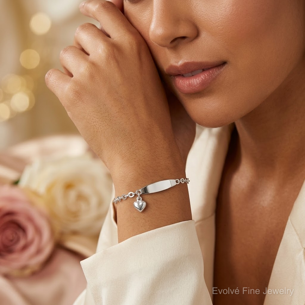 Sterling Silver Polished Rolo Link ID Heart Dangle Bracelet - Model Shot