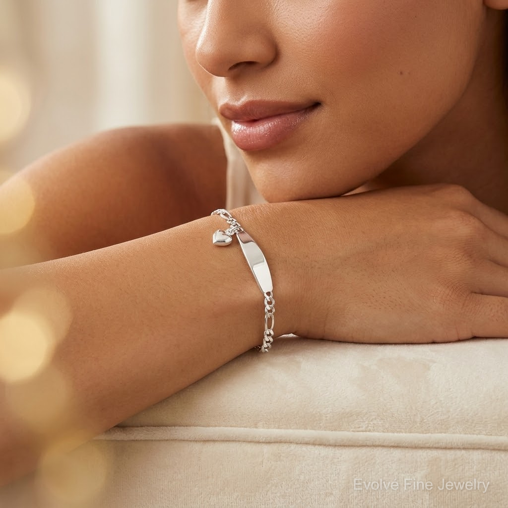 Sterling Silver ID with Heart Figaro Link Bracelet - Model Shot