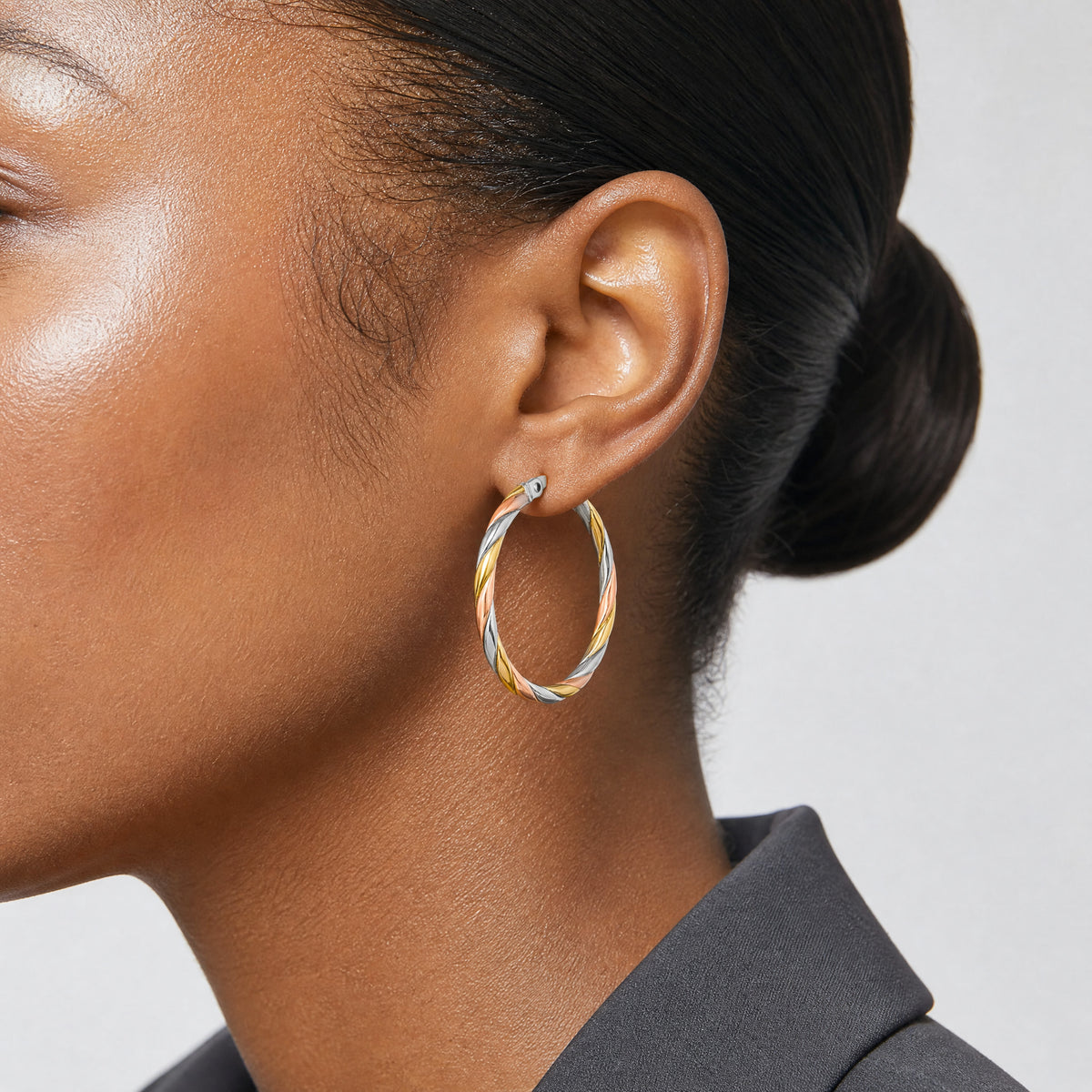 Leslie's SS RH-plated with Gold and Rose-tone Polished Hoop Earrings - Model Shot