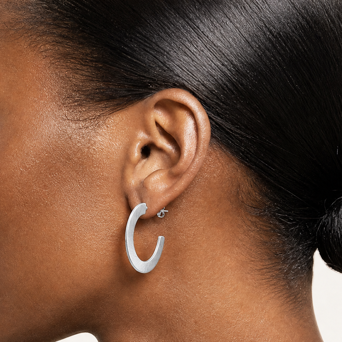 Leslie's Sterling Silver RH-plated Scratch Finish J-Hoop Post Earrings - Model Shot