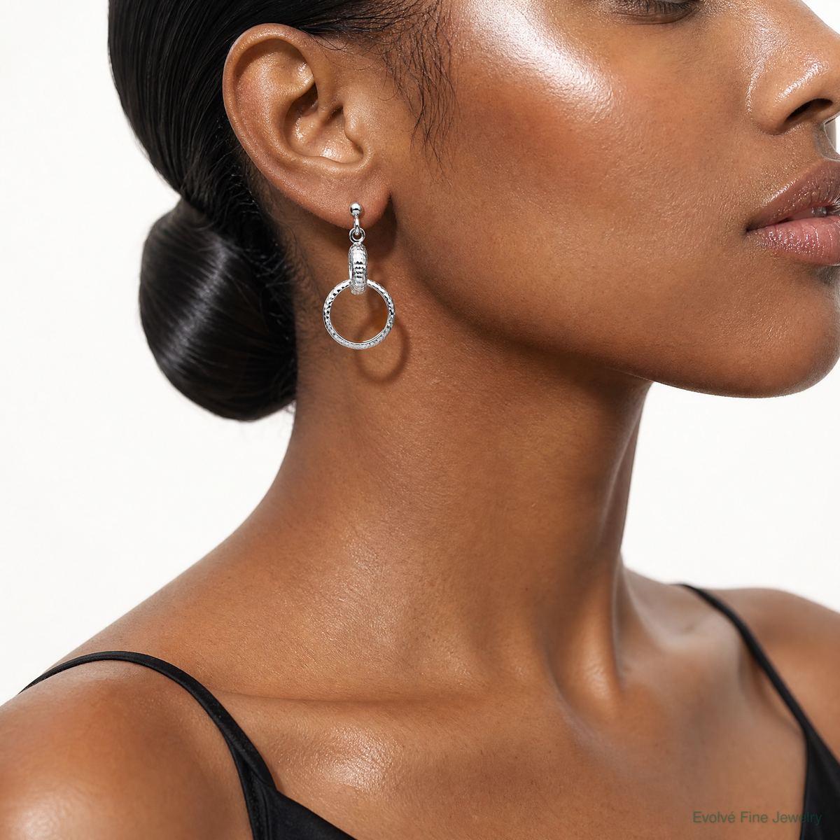 Leslie's SS RH-plat Polished / Dia-cut Circle Link Dangle Post Earrings - Model Shot