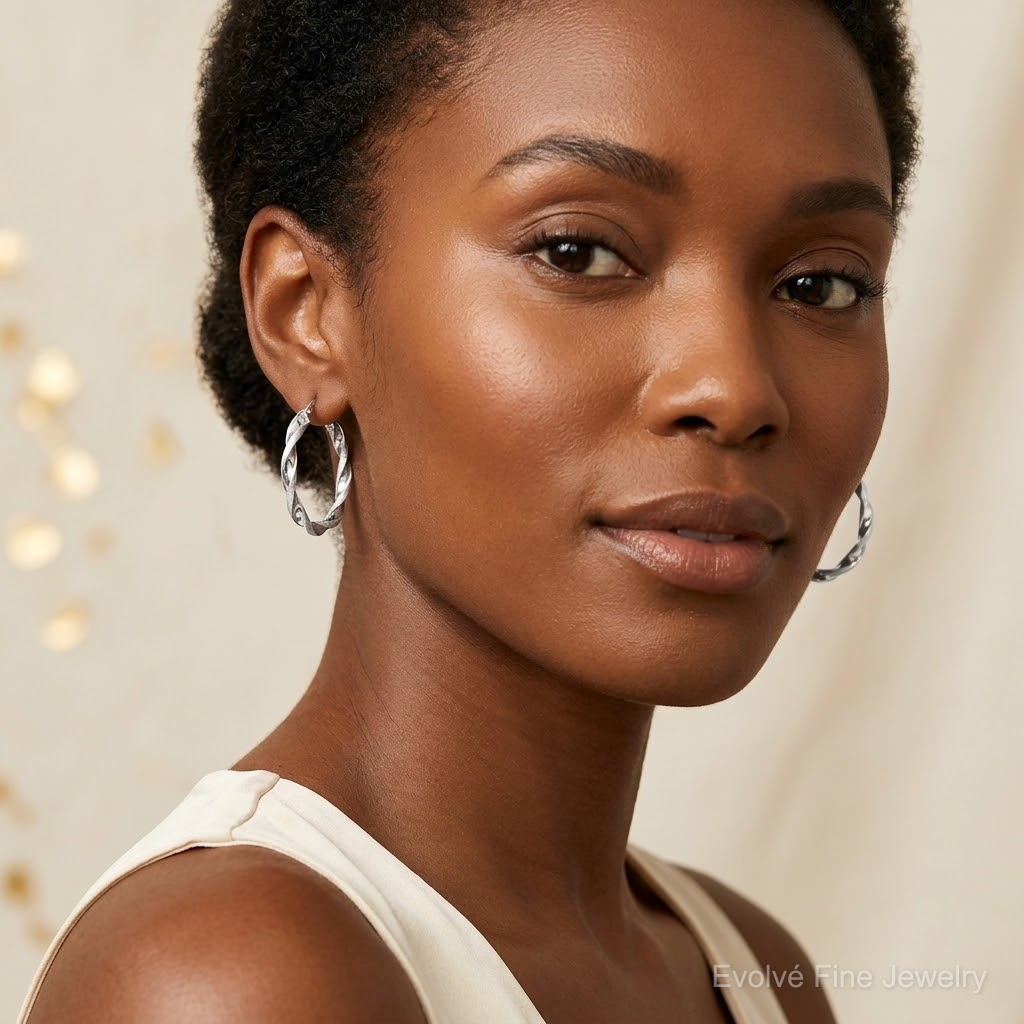 Leslie's SS RH-plated Polished/Scratch-finish Twisted Hoop Earrings - Model Shot