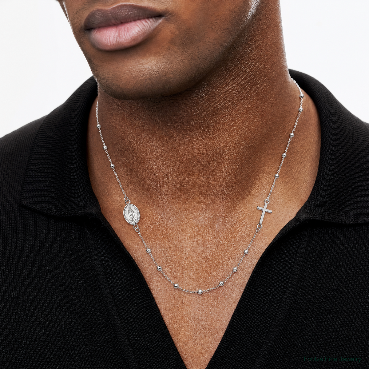 Leslie's Sterling Silver Rhod-pl Cross and Miraculous Medal Necklace - Model Shot